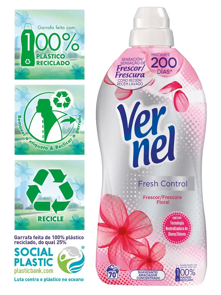 Vernel com garrafa feita de plástico 100% reciclado e com nova tecnologia de perfume duradouro